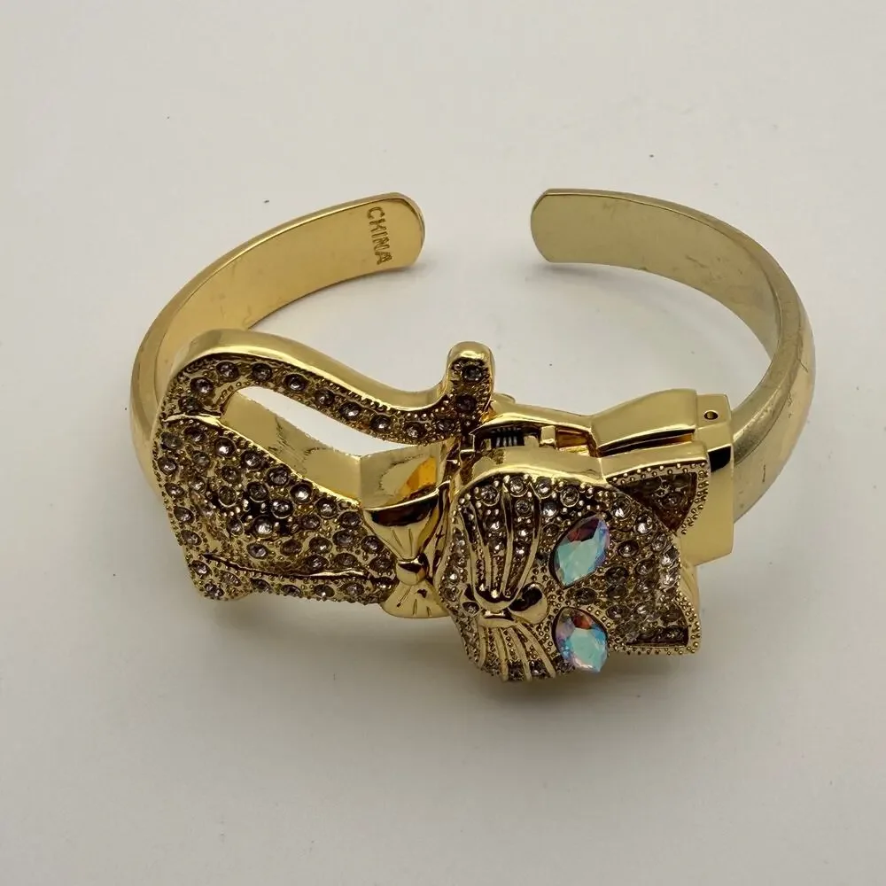 Charming Vintage Geneva Rhinestone Cat Bangle Watch Working New Battery